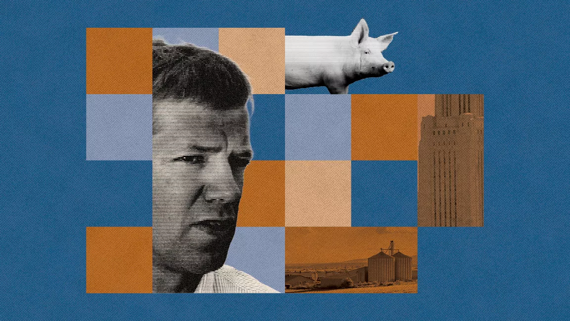 Photo collage showing Jim Pillen, a pig, several farm buildings and the Nebraska state capitol building in Lincoln.