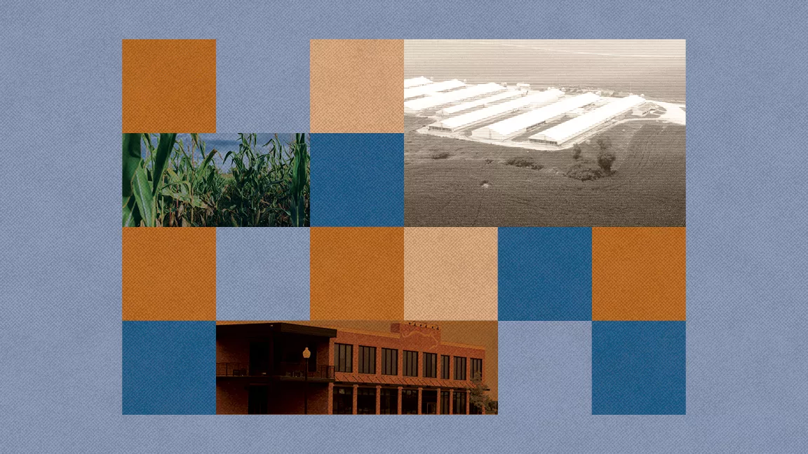 Photo illustration - blue and orange tiles of various shades mixed with photos showing corn plants, a hog barn and a corporate office