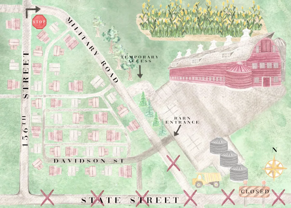 Illustrated map showing the roads around the Ackerhurst Dairy Farm in Bennington