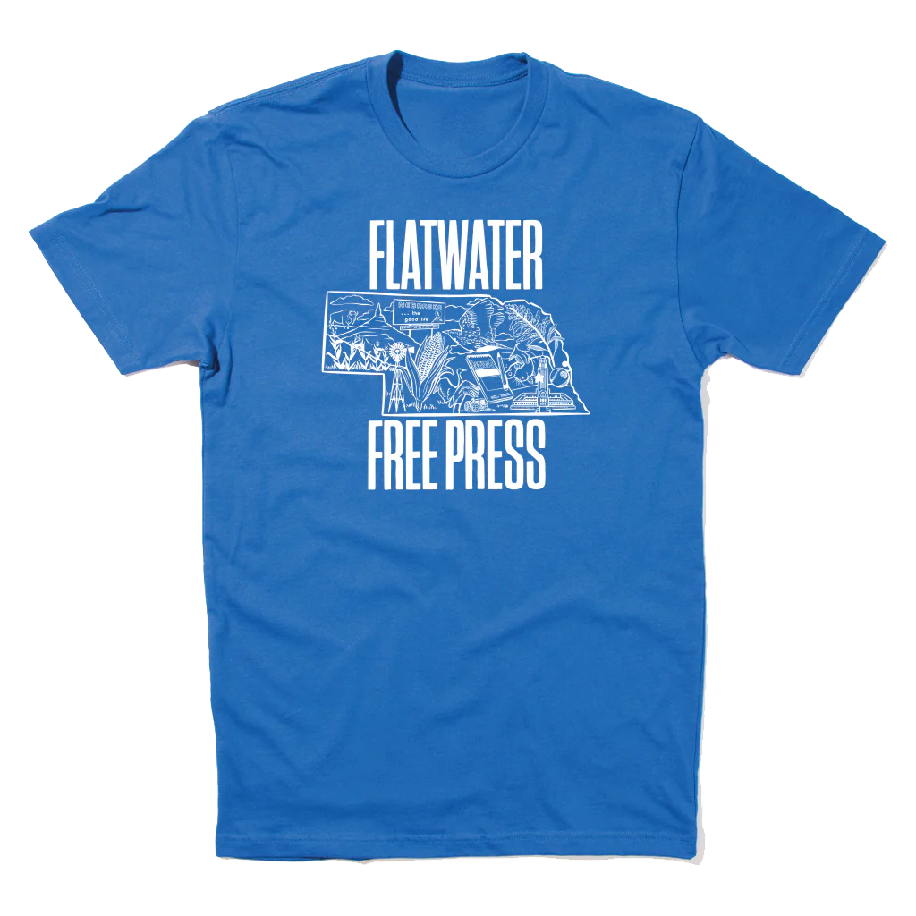 Blue shirt with white printing - Illustrated Nebraska imagery and Flatwater Free Press logo