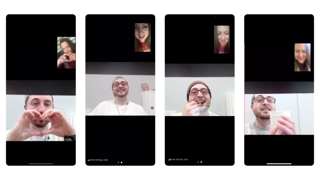 Four screenshots of Julie Montpetit and inmate Nicholas Ely taken from a phone during video chats in the fall and winter of 2024. Montpetit said Ely was proposing marriage in the final screenshot.