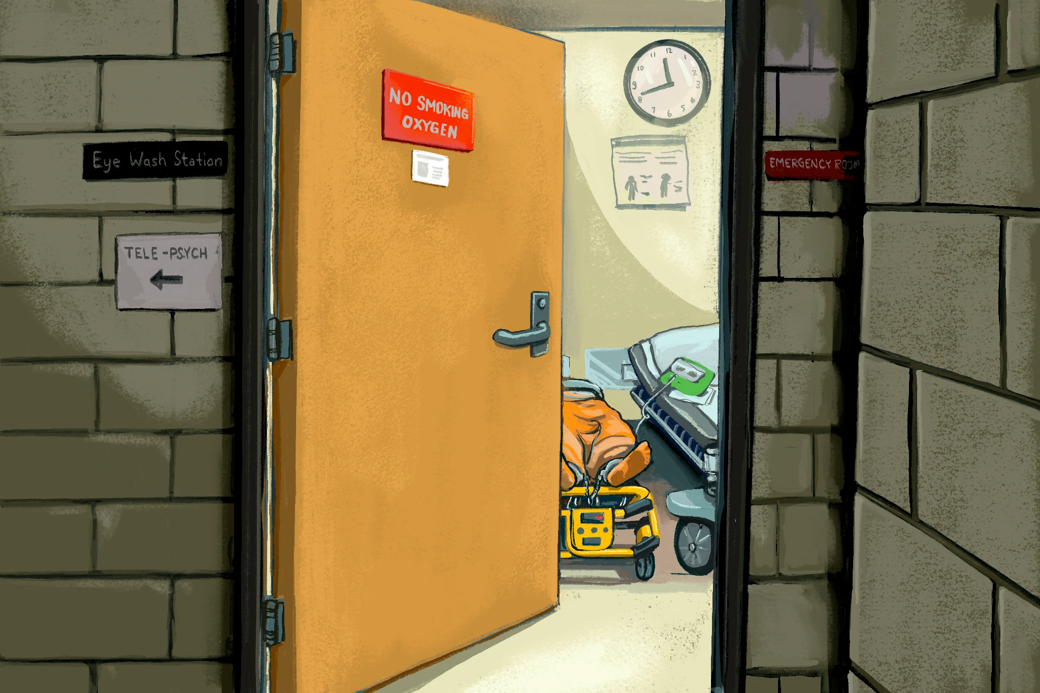 Illustration shows Jesse Spencer’s body lying on a gurney in the Tecumseh prison’s emergency room.