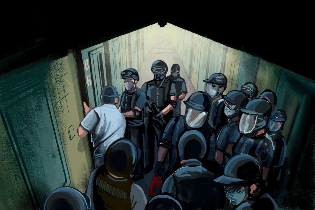 Illustration showing uniformed officers standing in a hallway outside a jail cell.