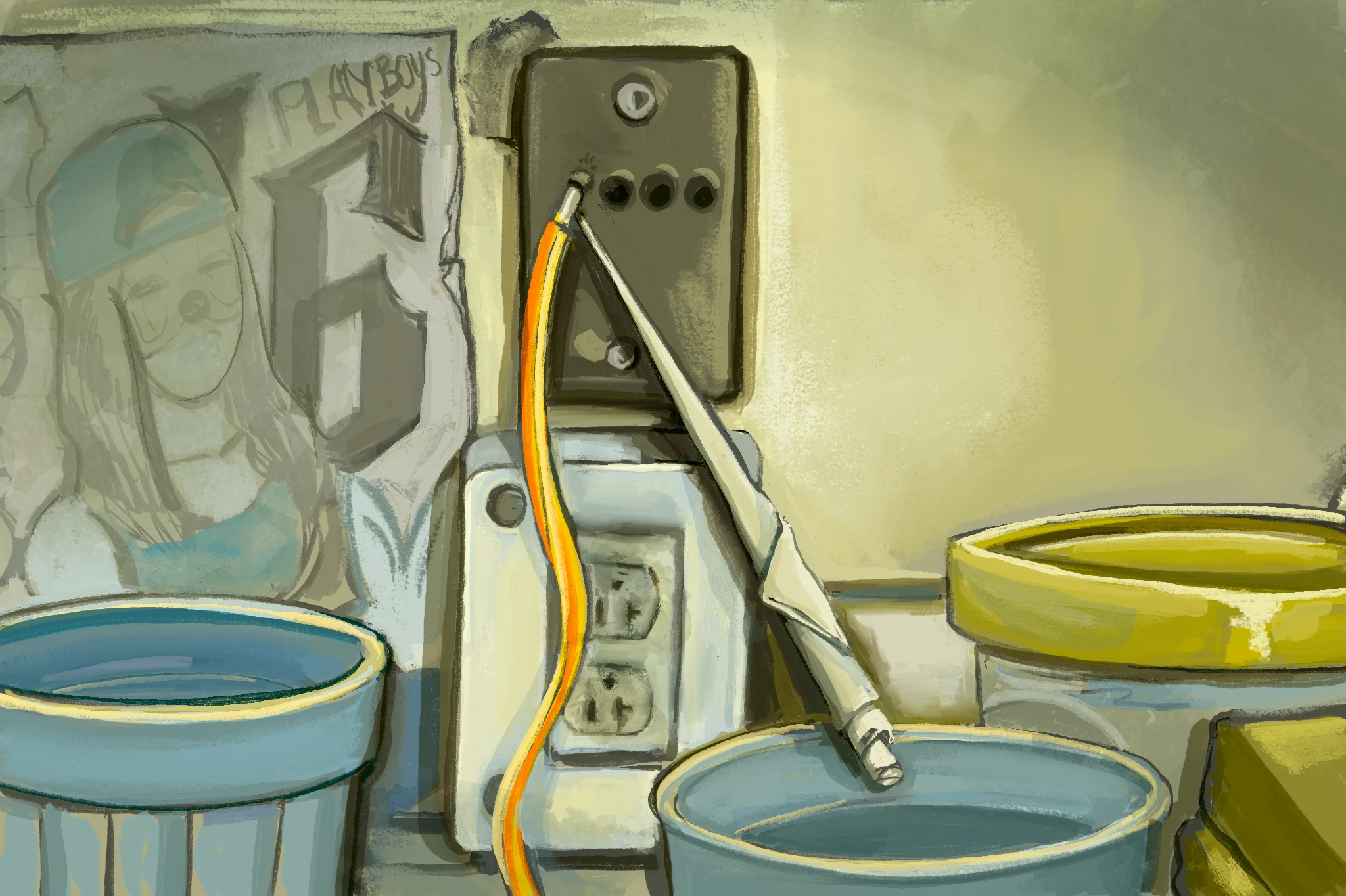 Illustration shows a jail cell cable outlet. A tightly rolled piece of paper and an earbud connector are stuck in one hole of the outlet and a wire sticks out of another.