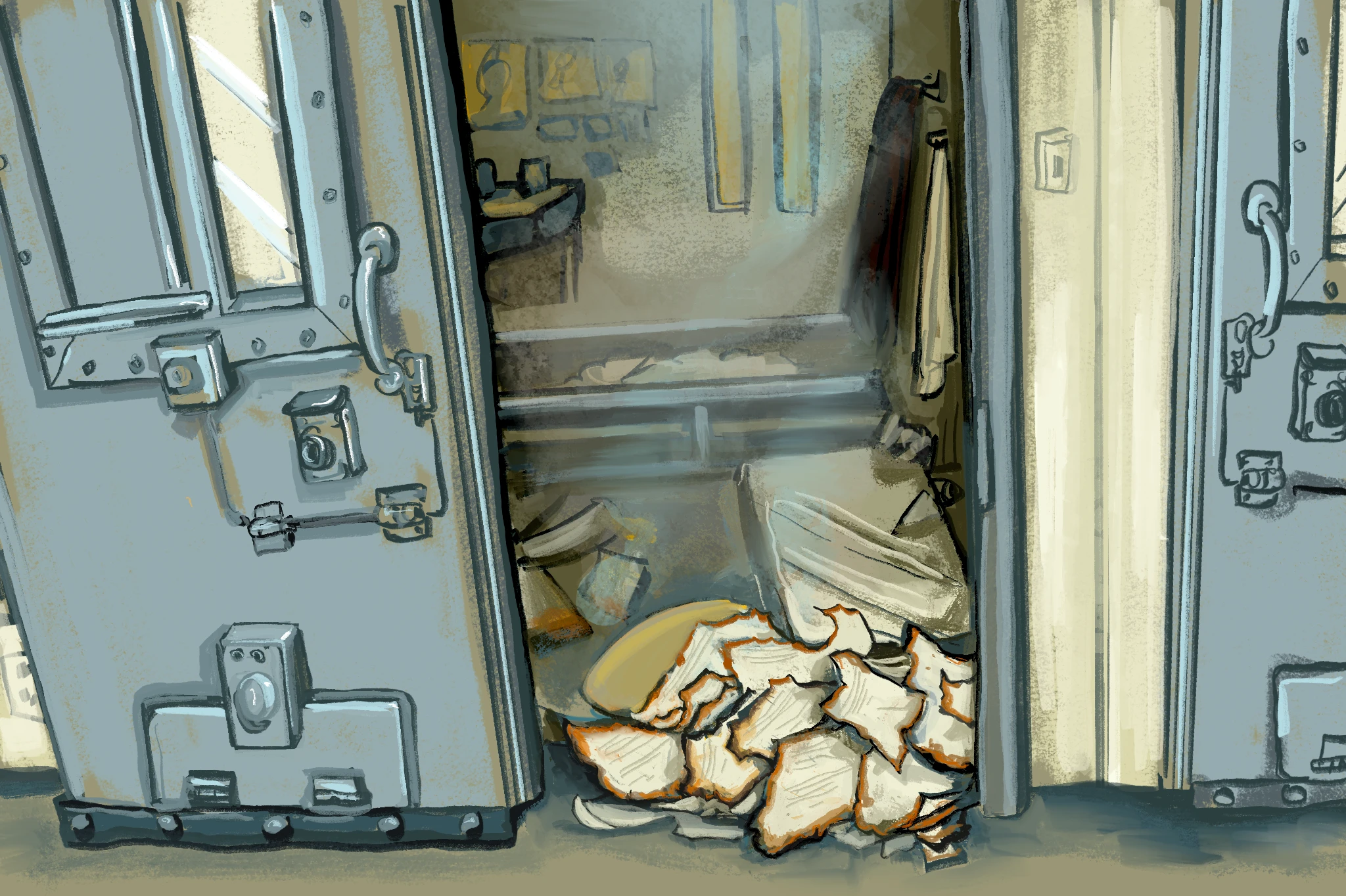 Illustration shows a pile of singed materials — papers, a blanket — at the entrance of Jesse Spencer’s cell.