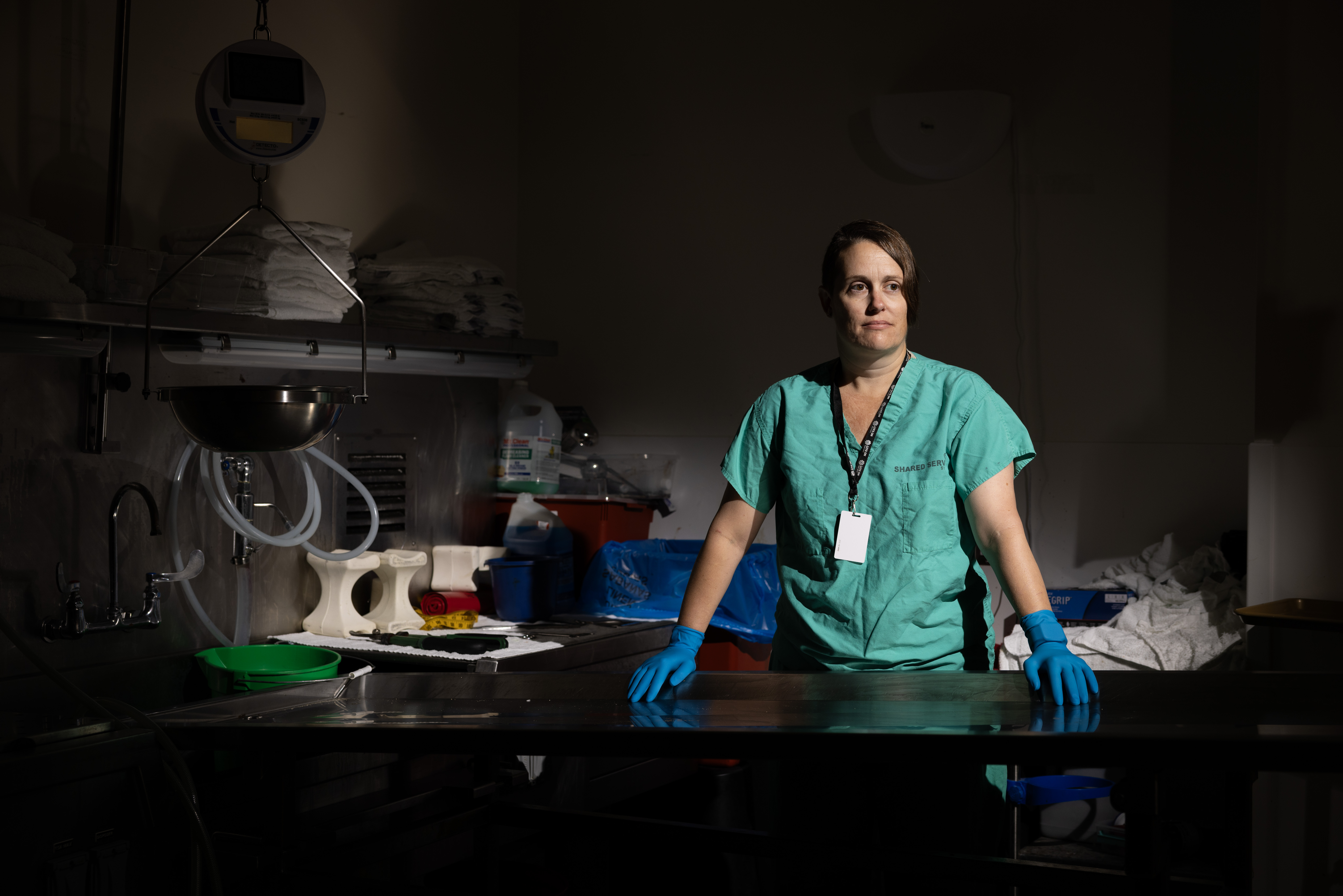 Forensic pathologist Dr. Erin Linde in the morgue of the Douglas County Coroner