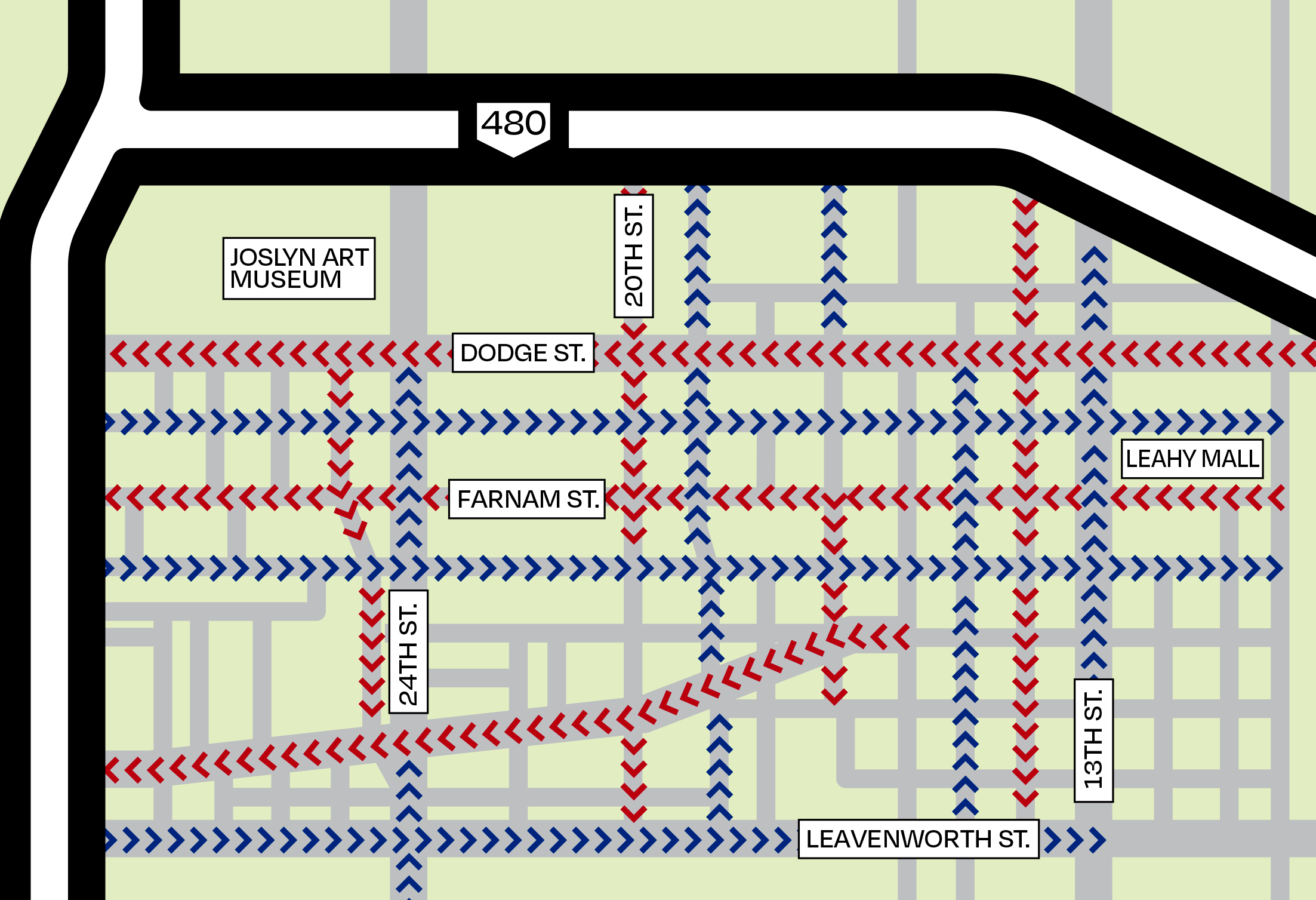 A map showing the one-way streets in downtown Omaha.